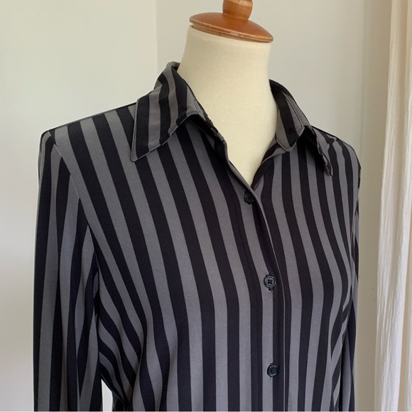 Norma Kamali Shirt Dress Gray Black Vertical Stripe Button Down Classic Collar - Picture 3 of 9